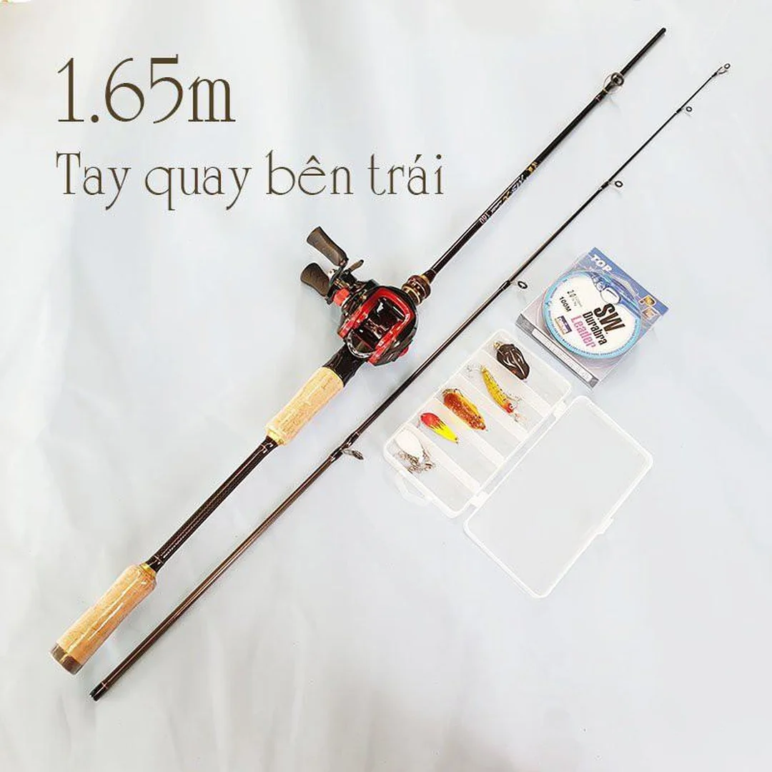 bộ cần câu lure máy ngang 1m65 tay quay bên trái kèm mồi giả
