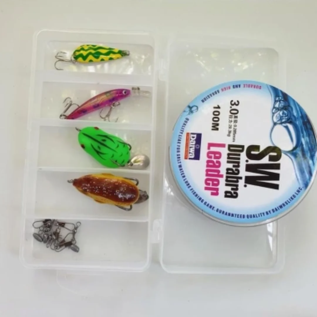 cần câu lure máy ngang rút với hộp mồi lure đi kèm